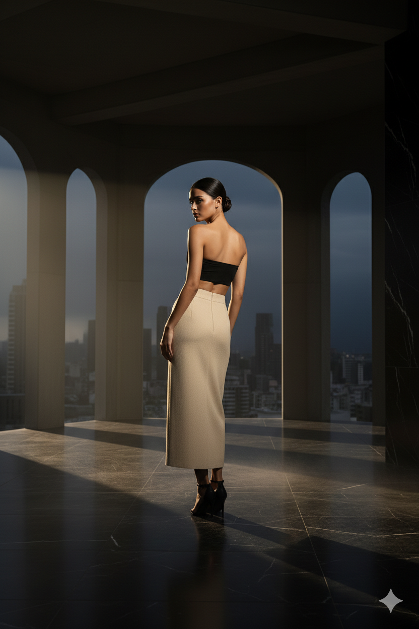 Black Tube Top & Beige Slit Skirt Co-Ord Set