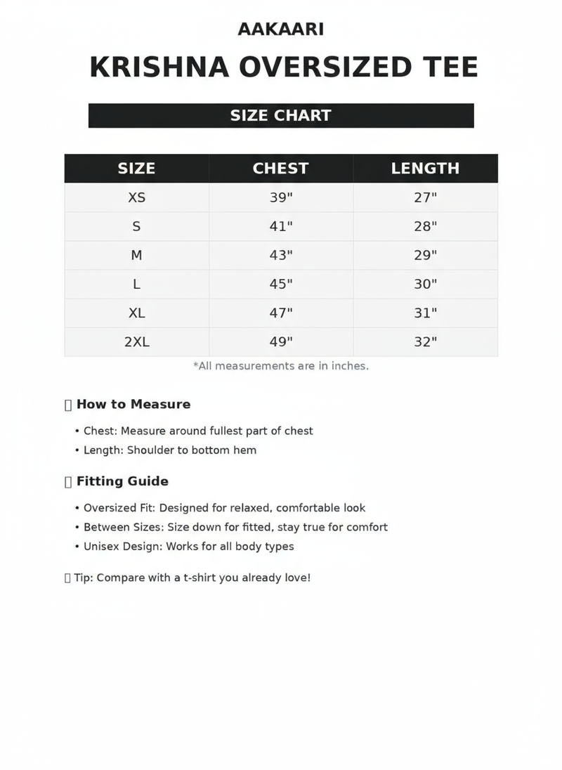 ✨ Black Krishna Graphic Oversized T-Shirt – “सर्व कारण कारणम्” Size Chart