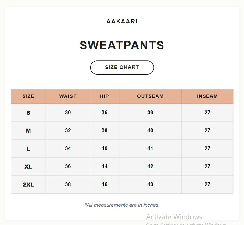 Unisex Sweatpants Size Chart